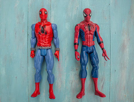 Two toy figures of the great superhero Spiderman from Marvel (American comics publisher created in 1939)