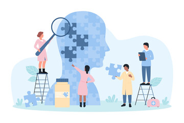 Mental health support, psychology vector illustration. Cartoon tiny people analyze puzzle jigsaw inside head, psychologists research cognitive problems of personality and mind disorders together