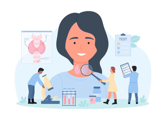Diagnosis of thyroid disease vector illustration. Cartoon tiny doctors with magnifying glass and microscope for blood analysis test health of thyroid gland and endocrine system of female young patient