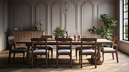 a stylish dining room with a large wooden table and a set of six chairs and a beautiful chandelier