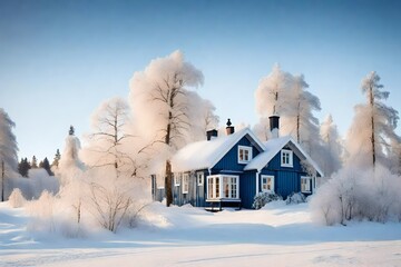 Beautiful dreamy winter house in Swedish countryside with blue sky