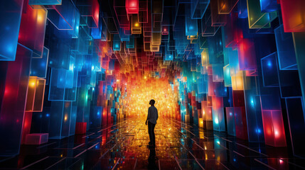 Person in the center of a colorful assembly of lights