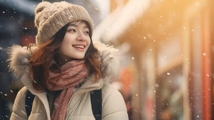  A beautiful Asian woman smiling on a snowy winter day