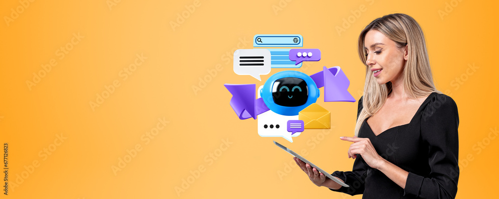 Poster smiling woman using tablet with chat bot, virtual assistant and messaging