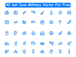 Outline set of 40 war, military, army line icons. Editable Strokes. Military Equipment, tools, aids and appliances. collection and pack of linear icons.