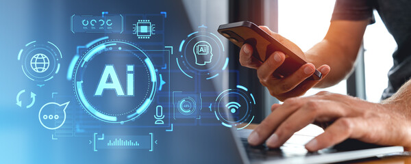 Man working with phone and laptop, AI hologram and social media indicators