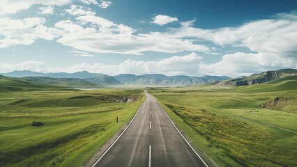 Fototapeta premium An empty road in an endless grassland seen from a drone