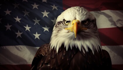 Majestic american bald eagle proudly perched on aged and distressed grunge american flag