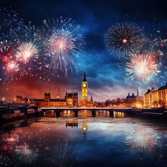 Fototapeta na wymiar Fire crackers explosion in the sky. new year celebration