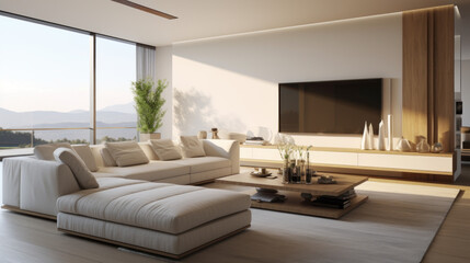a stylish living room with a white sectional couch and a glass coffee table and a large flat-screen television mounted on the wall