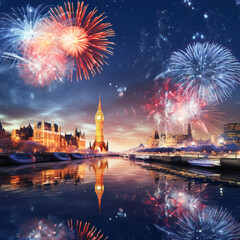 Fototapeta na wymiar Fire crackers explosion in the sky. new year celebration