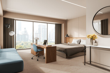 Luxury hotel bedroom interior with workspace, bed and sofa near window