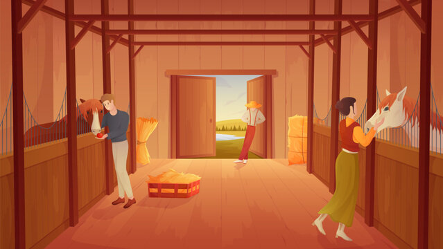 Horse stable interior with people and farm animals inside stalls vector illustration. Cartoon woman and man feed and care for horses in wooden barn, ranch house with open door to summer landscape