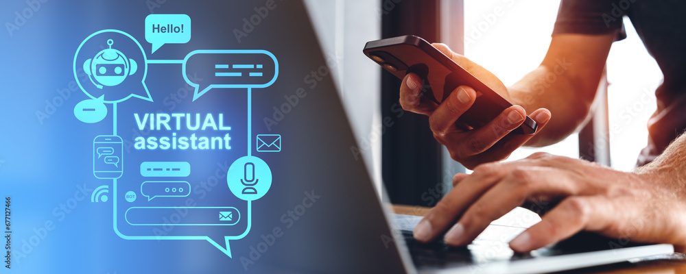Poster man hands using phone and laptop, virtual assistant hologram with messages