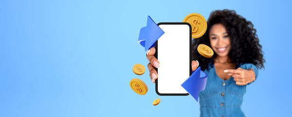 Woman showing phone with blank screen and cashback app