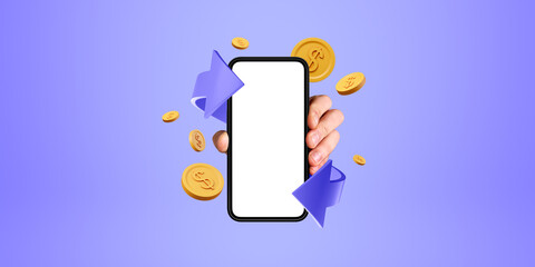 Man hand with cellphone and cashback app, online banking
