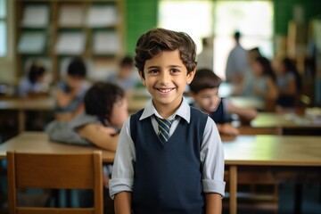 Cute indian little school boy standing at classroom