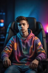 a Gamer wearing a hoodie sitting on a gaming chair with a large professional monitor on the background. neon colors in the room