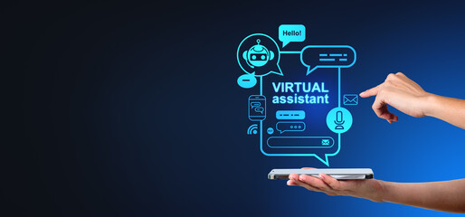 Woman hands with phone, virtual assistant hologram with chat icons, copy space