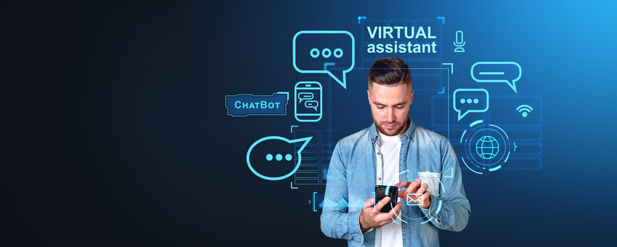 Man with phone and AI virtual assistant