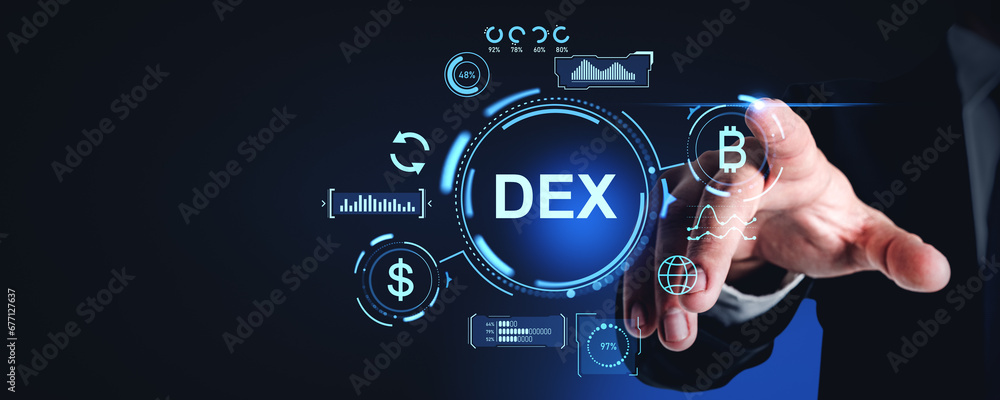 Poster man finger touch dex hologram hud with bitcoin, indicators with graph