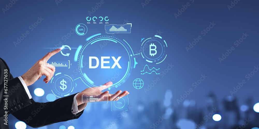 Poster man hands holding dex hologram hud with bitcoin, indicators with statistics