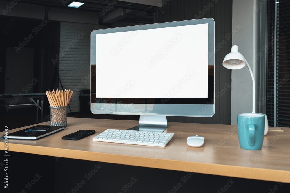 Poster empty computer monitor screen for design mock up template in modern small office interior or home of