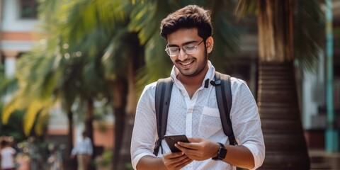 Young college boy using smartphone