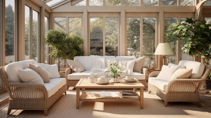 a sunroom with a beige sofa and two armchairs and a coffee table
