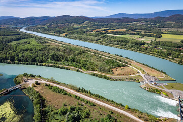 Aerial view of Chanaz, Canal de Savieres in Savoie, France