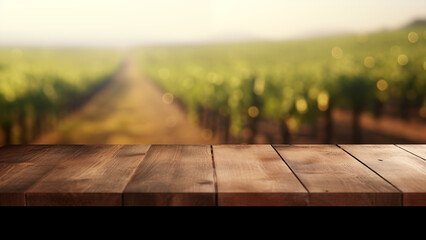 Image of an old wooden table with a vineyard background in the afternoon, for product display