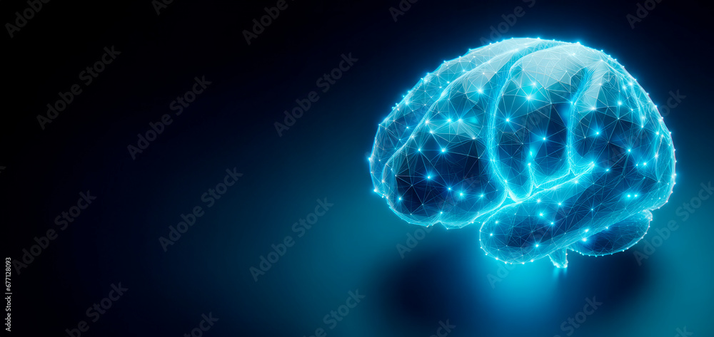 Leinwandbilder Human brain with glowing lines and points on dark background. Neural network concept. Generative AI