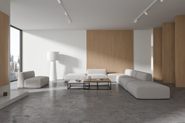 Stylish home living room interior with soft place, decor and panoramic window