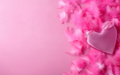 Doll style pink valentines day background with feathers, top view, over the shoulder, copy space at the left. AI Generative