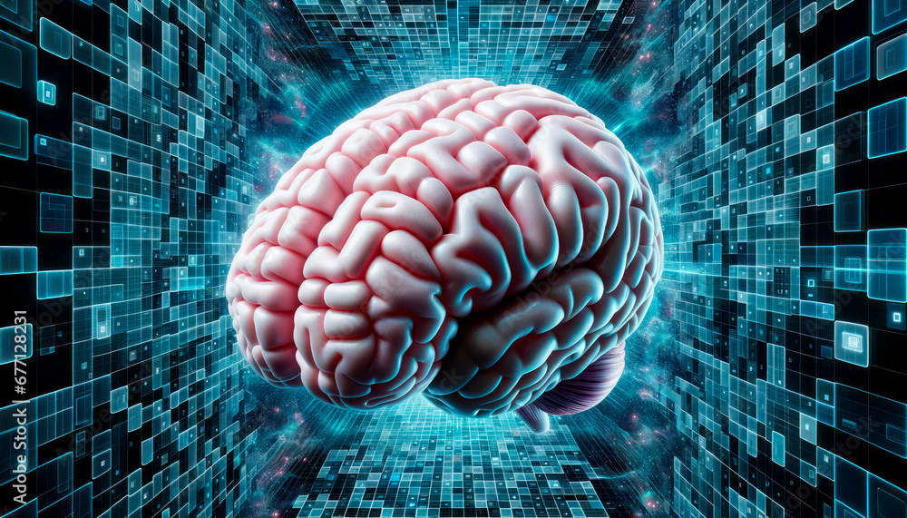 Poster Human brain over digital background with binary code. Machine learning concept. . Generative AI