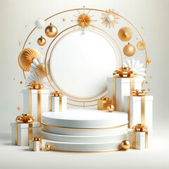White podium with gold Christmas decorations and gift boxes. Generative AI