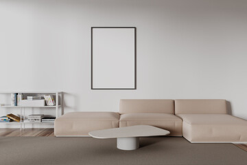 White living room interior with couch, bookshelves and poster