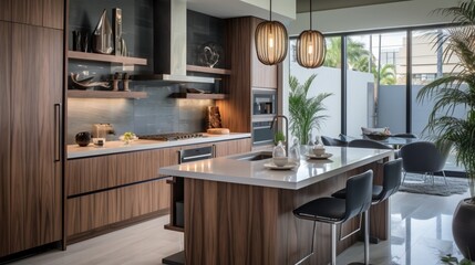 A contemporary kitchen with sleek waterfall countertops, pendant lights, and a built-in coffee station for a modern culinary experience. 
