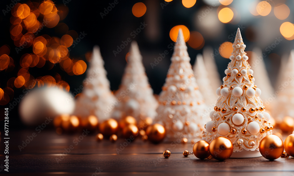 Poster Christmas tree decoration on wooden background with bokeh lights and copy space. Generative AI