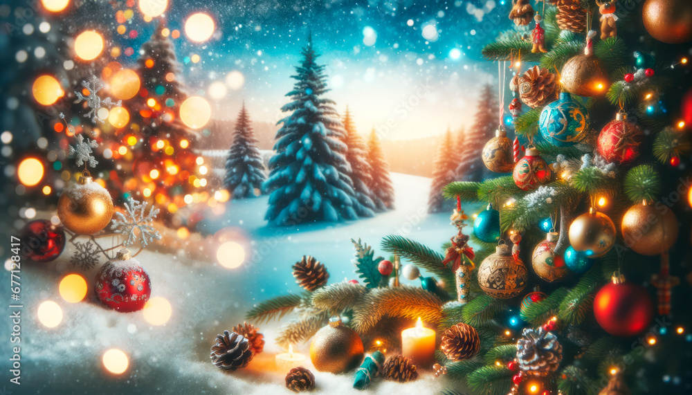 Poster christmas background. festive decoration on bokeh background. new year concept. generative ai