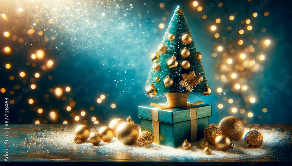 Poster Christmas tree and gift box on the snow with bokeh background. Generative AI