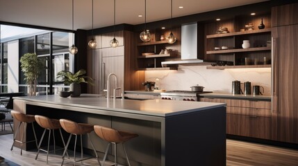 A contemporary kitchen with sleek waterfall countertops, pendant lights, and a built-in coffee station for a modern culinary experience.