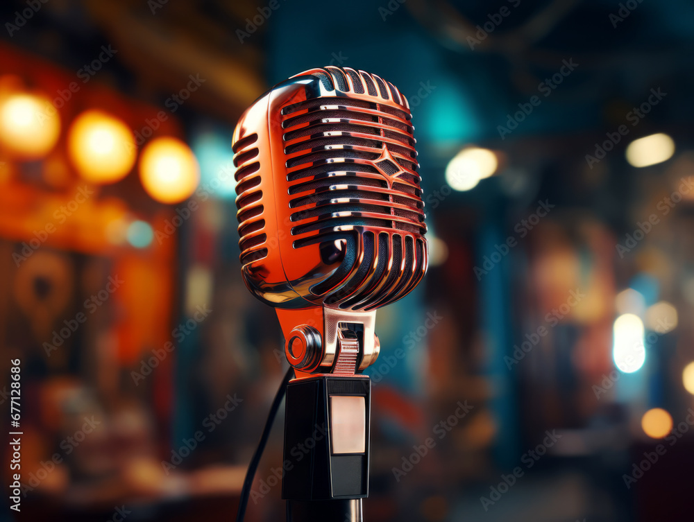 Aufkleber Retro microphone with a modern twist on a bokeh lights background. Generative AI