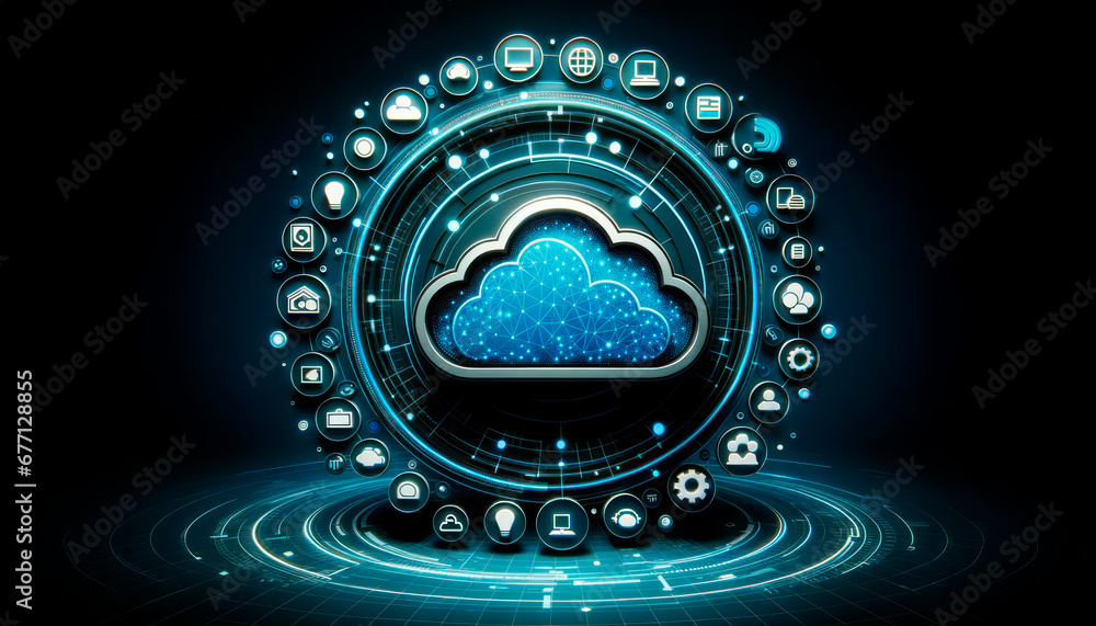 Poster Cloud computing technology concept on black background. Generative AI