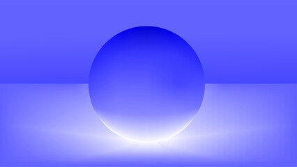 Glowing blue orb in white rays of light over gradient blue stage copy space background