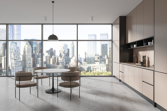 Panoramic white and beige kitchen interior with dining table