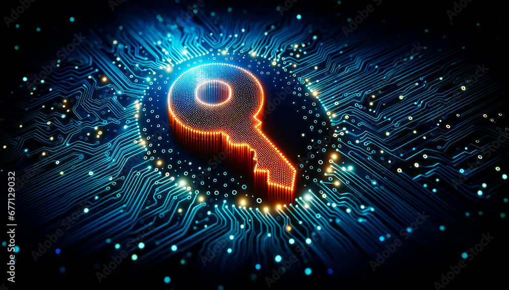Poster key on digital circuit board background. cyber security concept. generative ai