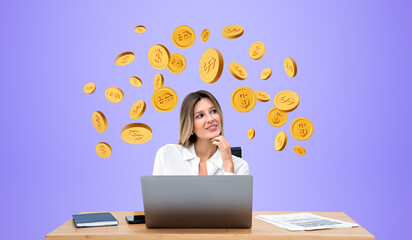 Dreaming young woman with laptop and contract on desk, falling coins