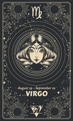 Virgo zodiac sign, mystical horoscope card, magical astrology background. Realistic outline hand drawing, vintage design for calendar.