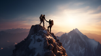 Two passionate people who climbed to the top of a snow-covered mountain in the cold winter, relying on each other.